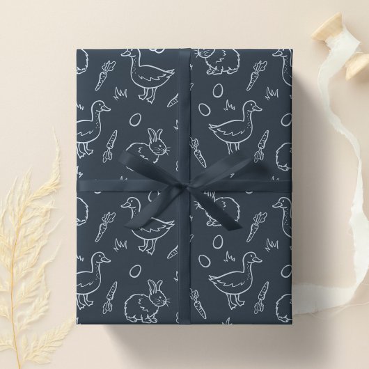 Boho Boys Easter Cute Bunny Rabbit Goose Dark Blue Cadeaupapier