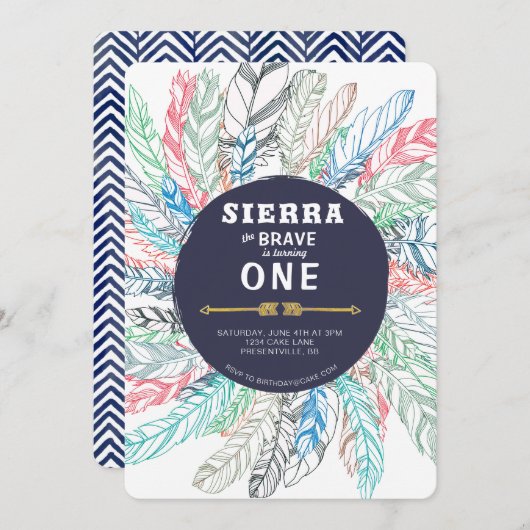 Boho Brave Feather Birthday Uitnodiging (Voorkant / Achterkant)