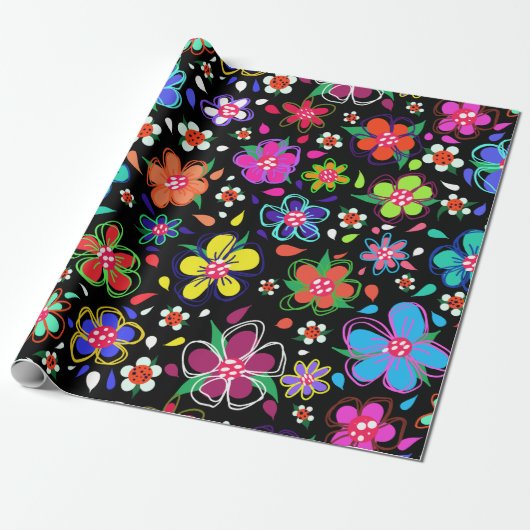 Boho Bright Flowers op Black Any Occasion Cadeaupapier (Uitgerold)