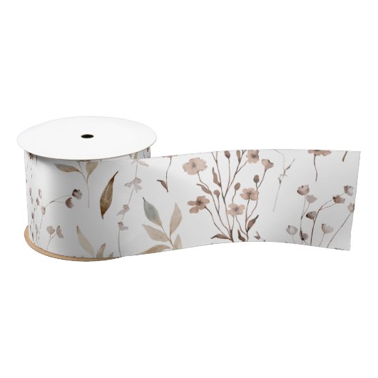 Boho Brown  Bloemen Botanisch Patroon Lint (Spoel)