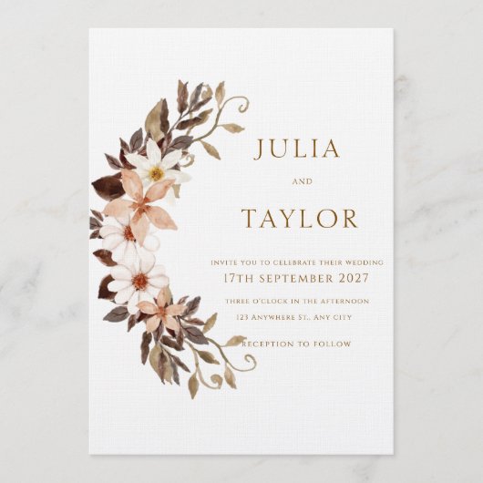 Boho Brown Floral Wedding Invitation (Devant)