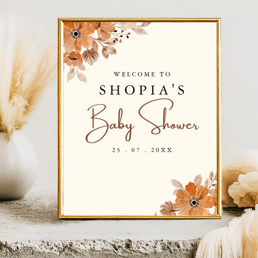 Boho Brown Flowers Baby Shower Poster