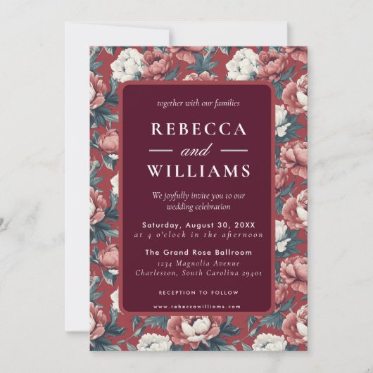 Boho Brown Peonies Spring Wedding Invitation Kaart (Voorkant)