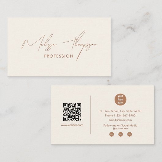 Boho Brown Signature Script Professioneel QR-code Visitekaartje (Voorkant / Achterkant)