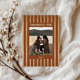 Boho Brown Stripes Thanksgiving Family Photo Gold  Folie Feestdagenkaart
