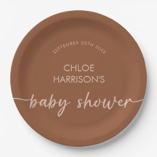 Boho Brown Terracotta Beige Script Baby shower Papieren Bordje