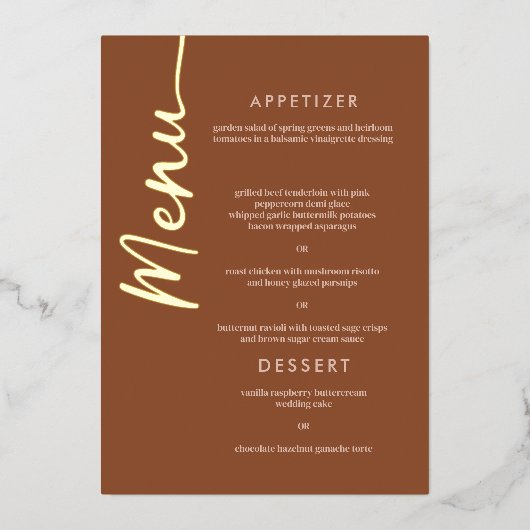 Boho Brown Terracotta Goudfolie Script Menu Kaart (Voorkant)