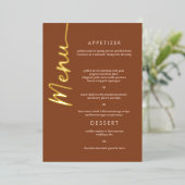 Boho Brown Terracotta Goudfolie Script Menu Kaart (Staand Voorkant)