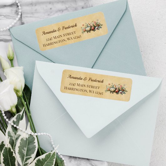Boho bruiloft bloemstuk  adres etiket