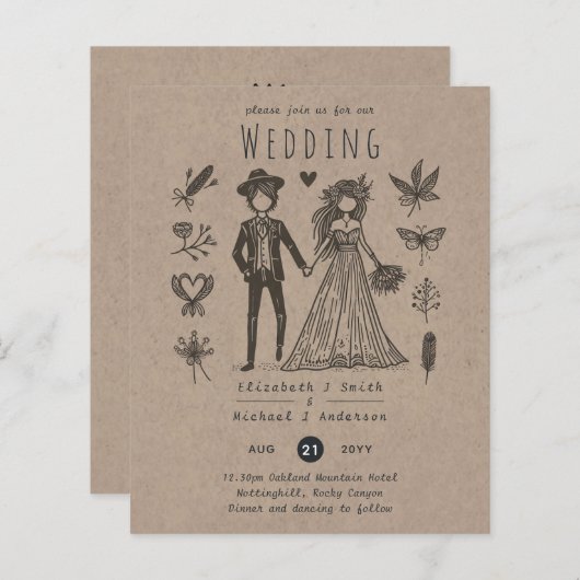 Boho bruiloft Cartoon bruid bruidegom handgetrokke (Voorkant / Achterkant)