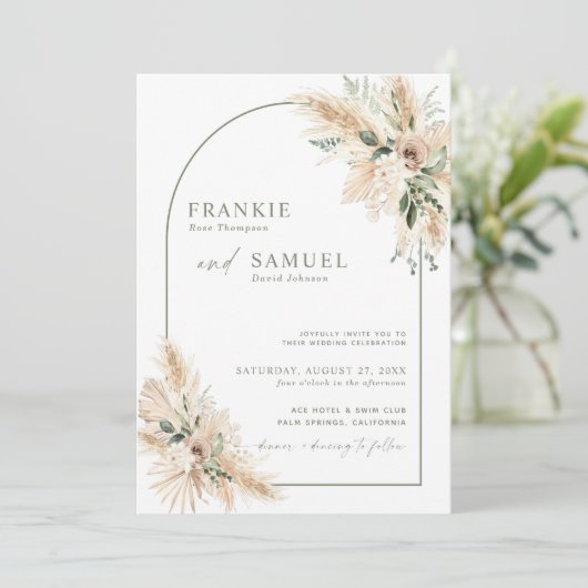 Boho bruiloft uitnodiging | Pampasgras groen (Staand voorkant)