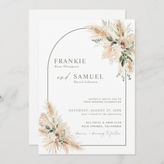 Boho bruiloft uitnodiging | Pampasgras groen (Voorkant / Achterkant)