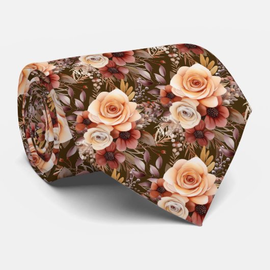 Boho Bruin Gouden Bloemen Waterverf Bloemen Trouwe Stropdas (Opgerold)