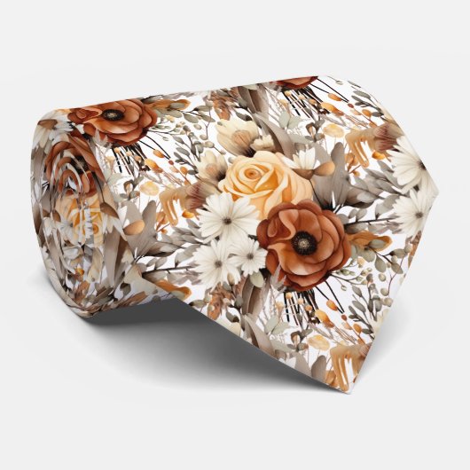 Boho Bruin Gouden Bloemen Waterverf Bloemen Trouwe Stropdas (Opgerold)