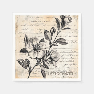 Boho Bruine Bloemenschets Vintage Perkament Servet