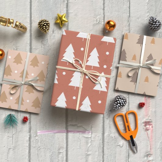 Boho bruine kerstboom set van 3 inpakpapier vel