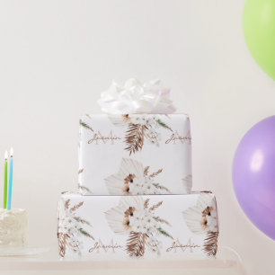 Boho Bruine Pampagras Witte Orchideeën Monogram Cadeaupapier