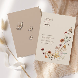 Boho Bruine Wildbloemen en Vlinders Bruiloft Kaart