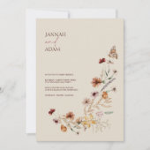 Boho Bruine Wildbloemen en Vlinders Bruiloft Kaart (Voorkant)
