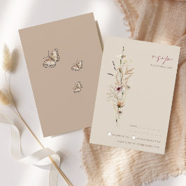 Boho Bruine Wildbloemen en Vlinders Bruiloft RSVP Kaartje