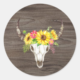 Boho Bull Skull Donker Hout Ronde Sticker
