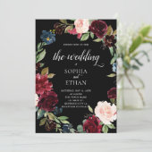 Boho Burgundy Blue Flowers Wedding Kaart (Staand voorkant)