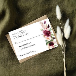 Boho Burgundy & Blush Pink Floral no Meal RSVP 2 Kaartje