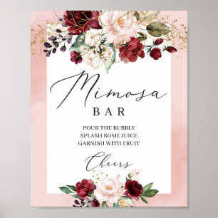 Boho burgundy blush roze floral mimosa bar sign poster