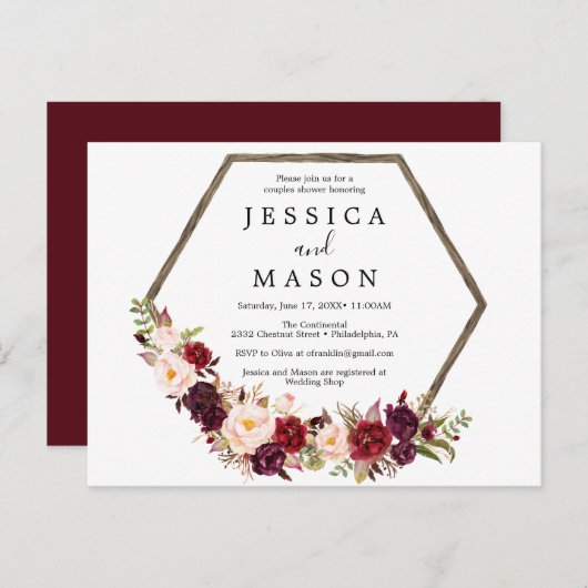 Boho Burgundy Couples Douche Invitation (Devant / Derrière)