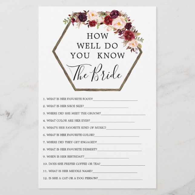 Boho Burgundy Dubbelzijdige Bruidsdouche Spellen (Voorkant)