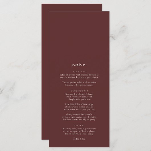 Boho Burgundy Elegant Minimaliste Menu Mariage (Devant / Derrière)