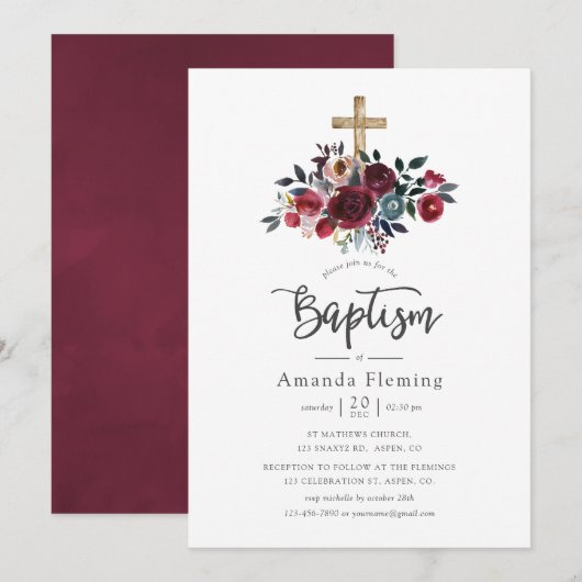 Boho Burgundy en Navy Floral Baptism Kaart (Voorkant / Achterkant)