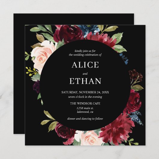 Boho Burgundy Et Navy Blue Floral Invitation (Devant / Derrière)