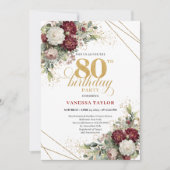 Boho Burgundy Floral 80th Birthday Invitation (Devant)