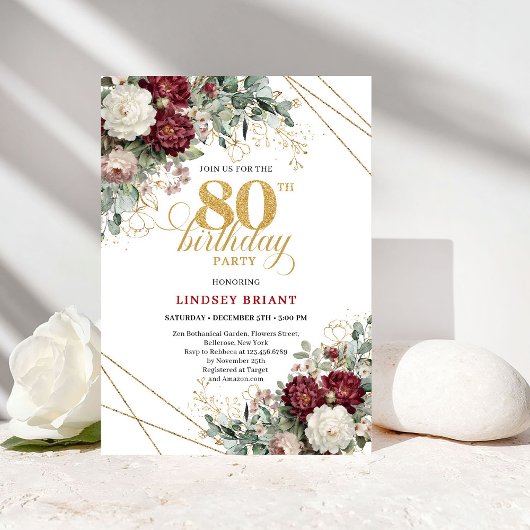 Boho Burgundy Floral 80th Birthday Invitation