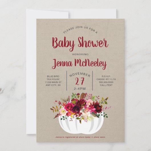 Boho Burgundy Floral Citrouille Invitation Baby sh (Devant)