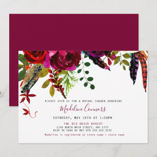 Boho Burgundy Floral en Feathers Vrijgezellenfeest Kaart