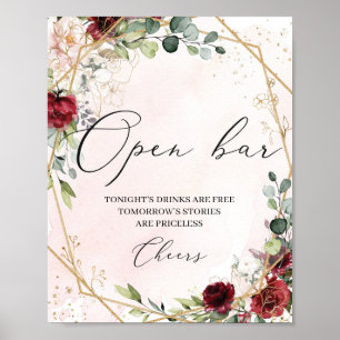 Boho burgundy floral gold bruiloft open bar bord poster