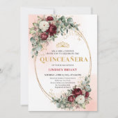 Boho Burgundy Floral Gold Quinceañera Invitation (Devant)