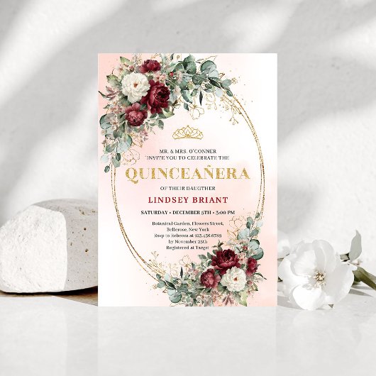 Boho Burgundy Floral Gold Quinceañera Invitation