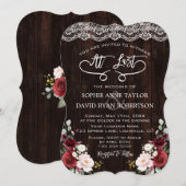 Boho Burgundy Floral Lace Handwriting Wedding Kaart (Voorkant / Achterkant)