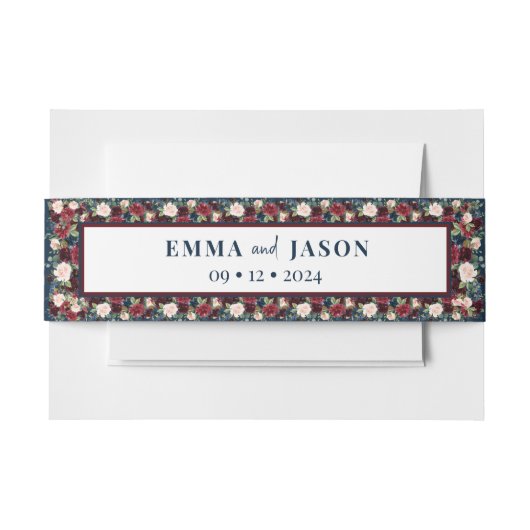 Boho Burgundy Floral Navy Belly Band Uitnodigingen Wikkel (Voorkant Voorbeeld)