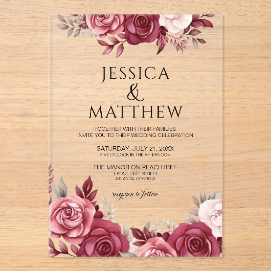 Boho Burgundy Floral Wedding Acryl Uitnodigingen (Voorkant)