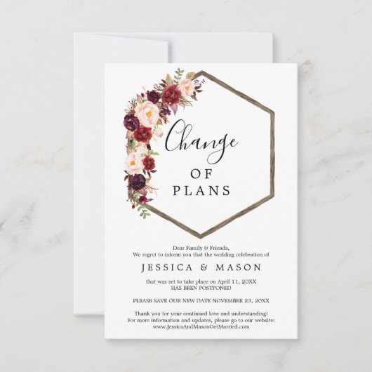 Boho Burgundy Mariage reporté Faire-part (Devant)