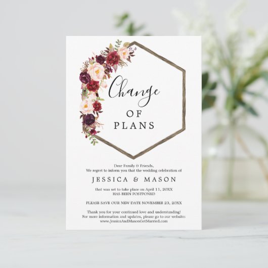 Boho Burgundy Mariage reporté Faire-part (Debout devant)