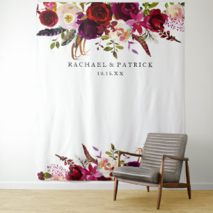 Boho Burgundy Marsala Bloemige Trouw Achtergrond Wandkleed