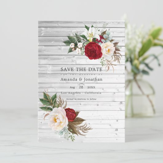 Boho Burgundy - Marsala Floral Wedding Photo Save The Date (Staand voorkant)