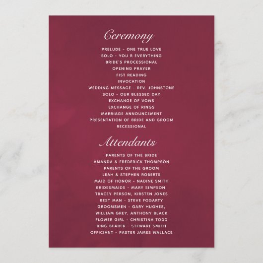 Boho Burgundy - Marsala Floral Wedding Programma (Achterkant)
