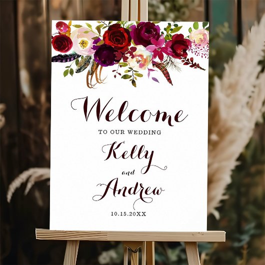 Boho Burgundy Marsala Floral Welcome Wedding Sign Poster