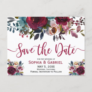Boho Burgundy Marsala Navy Floral Save the Date Aankondigingskaart